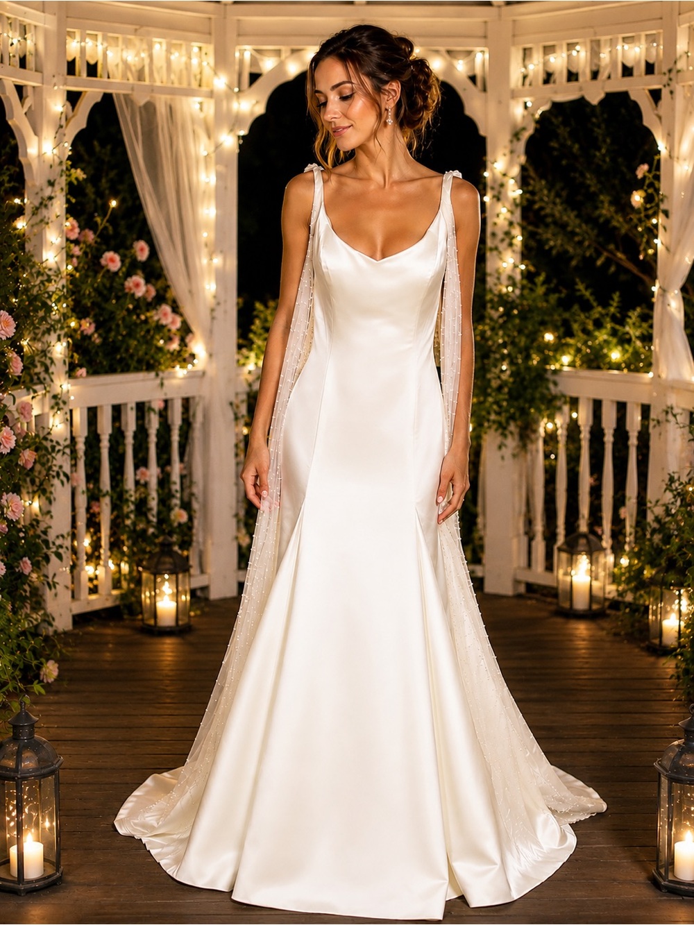 David's Bridal Ivory Satin Wedding Gown w/ custom sheer, pearl cape (E10)